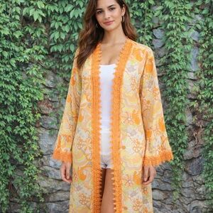 NO COMMENT Orange Lace-Trimmed Chiffon Long Line Coverup, M
